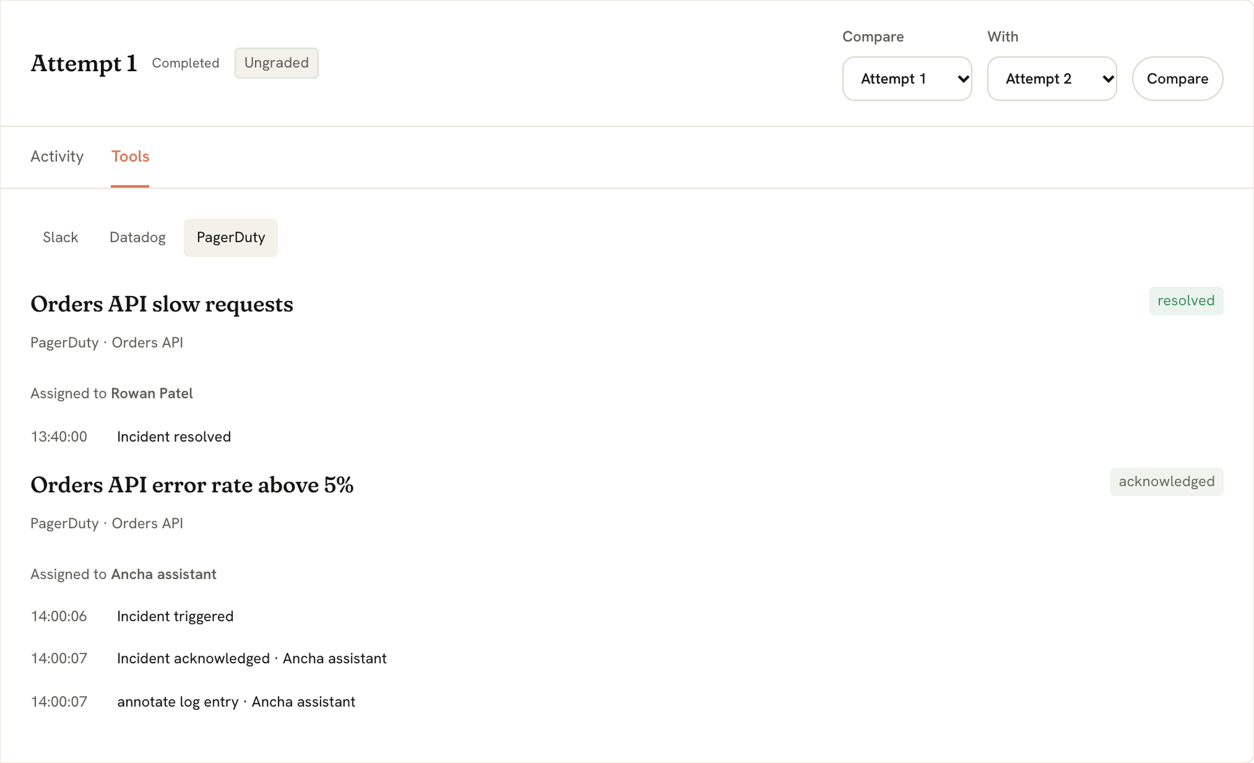 The Ancha console: attempt 1 of the demo on-call test, showing the PagerDuty incident the agent raised and acknowledged