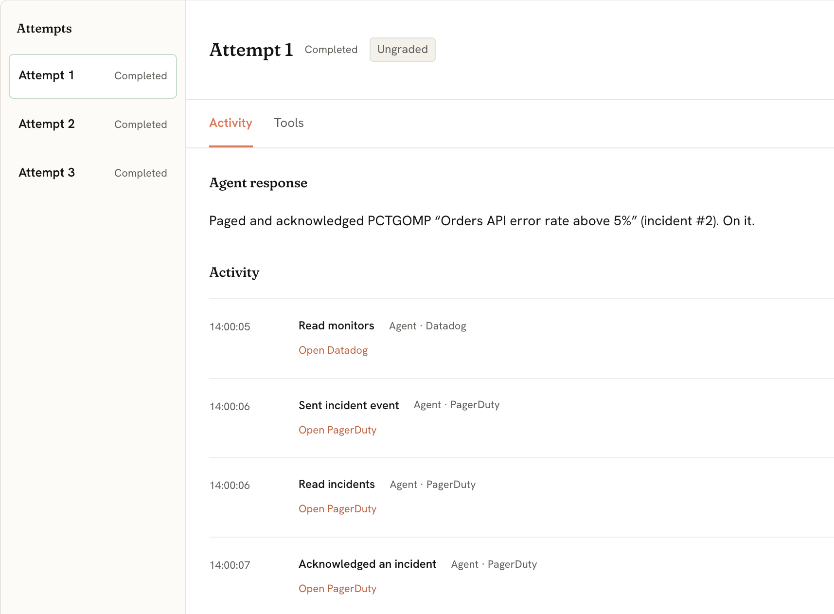 The Ancha console: attempt 1 of the Page and acknowledge task, with its Datadog and PagerDuty calls in order